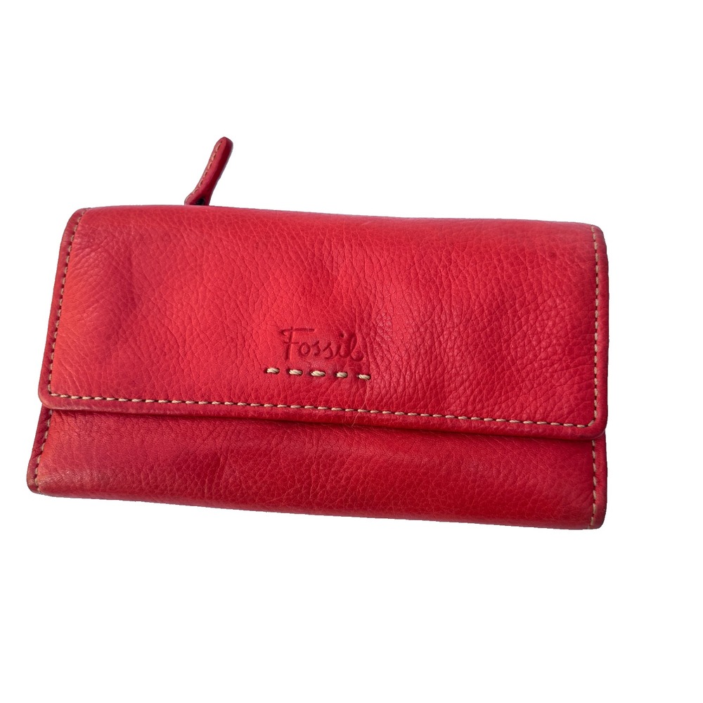 Vintage Fossil Card Organizer Bifold Red Pebbled Genuine Leather Clutch Wallet